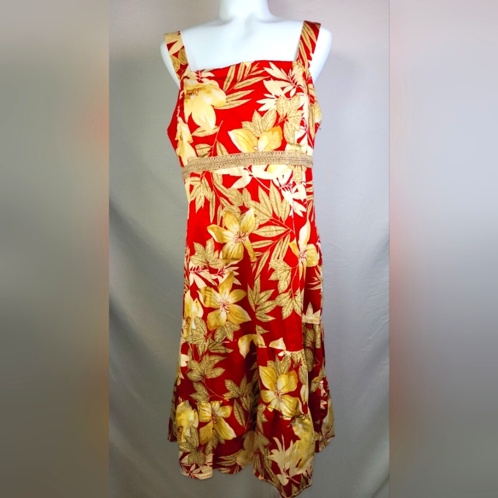 R&K Originals Red Gold Sleeveless Hawaiian Sun Dress With Rafia Detail Size 16